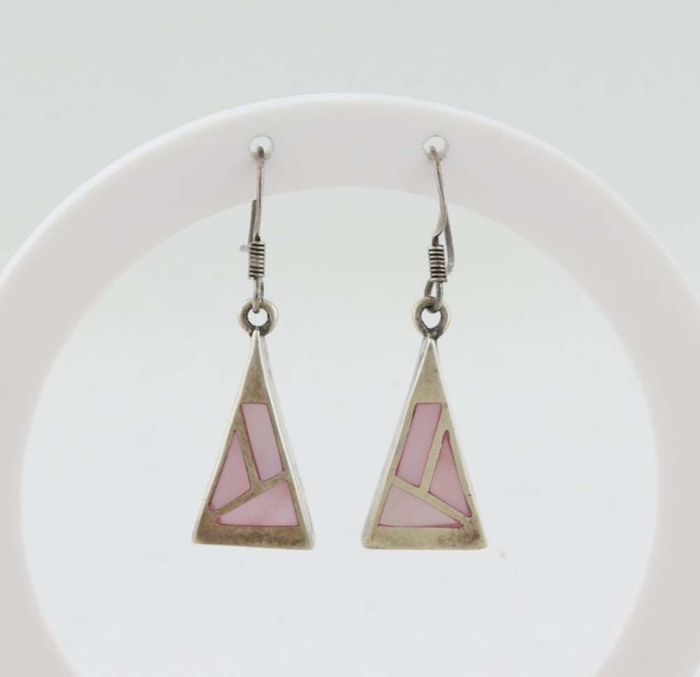 Sterling Silver Pink Mother of Pearl Earrings Dangle Drop 1 1/2" x 1/2"